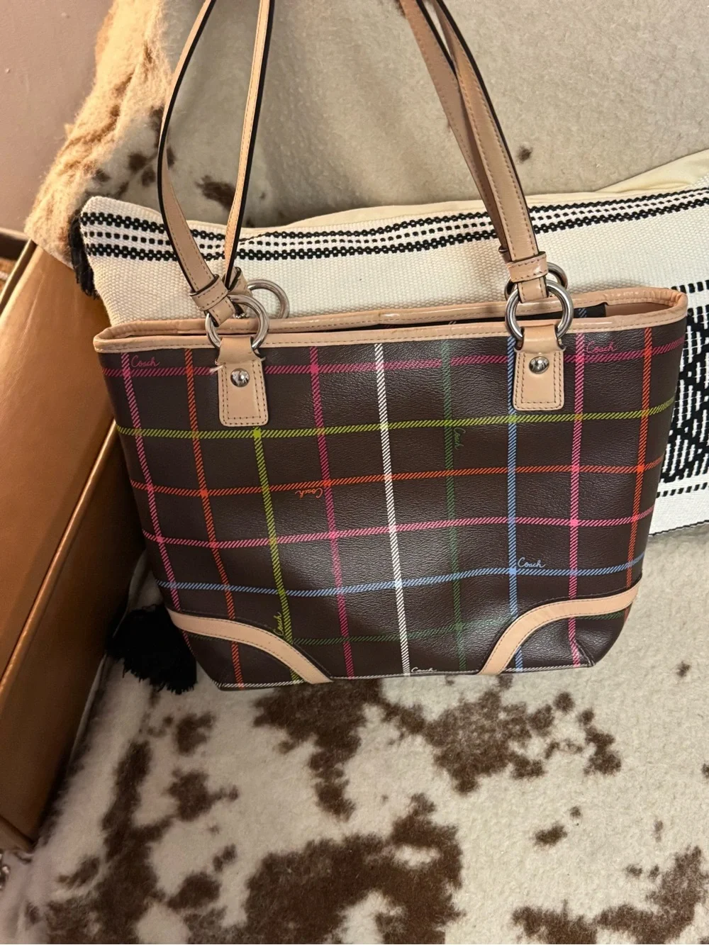 Coach Brown Plaid Tote with Multicolor Stripe Accents and Tan Leather Trim